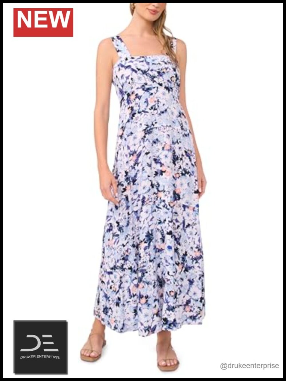 Women's Smocked Back Challis Maxi Dress Floral Square Neck Sleeveless